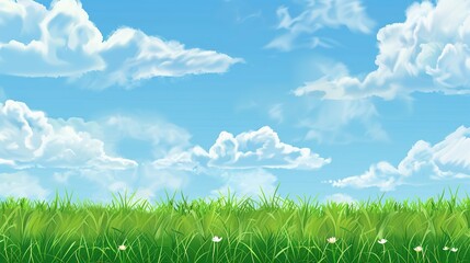 Obraz premium Grassland and White Clouds Natural Background: A Serene Tapestry of Earth and Sky