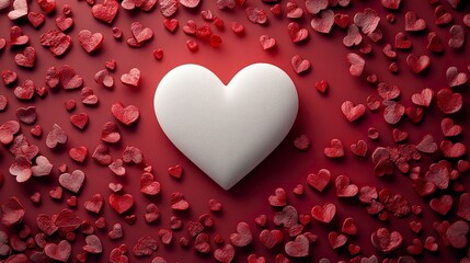 Abstract romantic frame with central white heart and floating red mini hearts for customizable message  