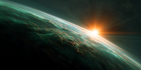 Sunrise over a teal and orange planet, showcasing a vibrant, textured atmosphere. Represents new beginnings, hope, and cosmic wonder, ideal for science fiction or space themes