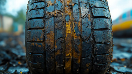 Close-up of an old, bald car tire showing heavy wear and surface damage