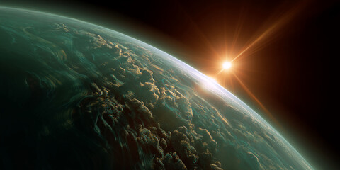 Planet Earth viewed from space, sunrise with sun rays, showing swirling clouds and atmospheric layers, conveying hope, new beginnings, and global perspective