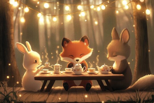 Charming woodland tea party with friends in a tranquil forest setting surrounded by twinkling lights at dusk