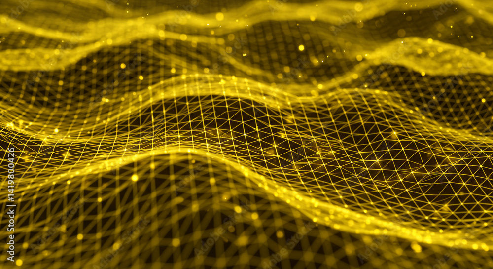 Aufkleber a golden abstract network with a wavy surface and bright particles scattered across the structure