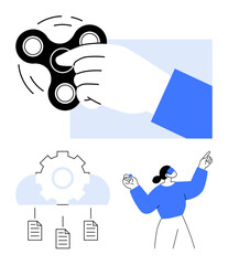 Hand spinning fidget spinner, gear for cloud documents, woman pointing upward. Ideal for technology, innovation, brainstorming, efficiency, focus multitasking productivity. Flat simple metaphor