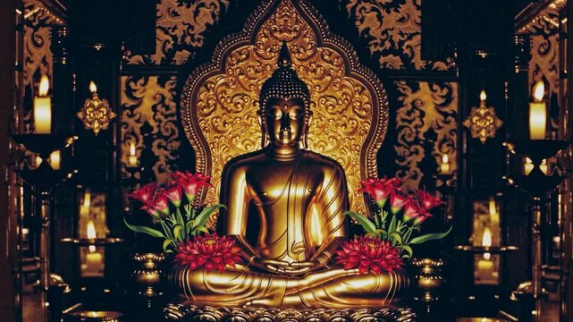 Golden Buddha statue with ornate throne and floral offerings in temple