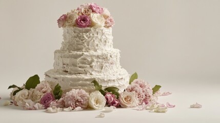 A beautiful three tiered cake adorned with delicate fresh flowers