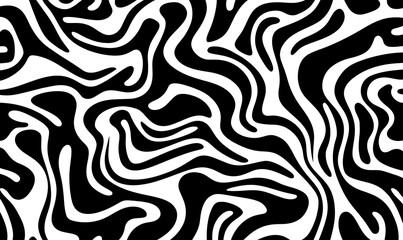 Wavy and swirled brush strokes vector seamless pattern. Bold curved lines and squiggles ornament. Seamless horizontal banner with doodle bold lines. Black and white wallpaper. 