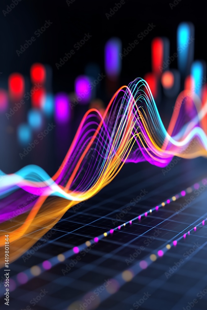 Fototapete Abstract Colorful Data Visualization Graph with Dynamic Wave Lines and Points