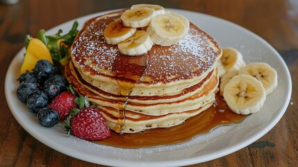 Savor fluffy pancakes with maple syrup cozy kitchen food photography warm atmosphere top-down view breakfast bliss