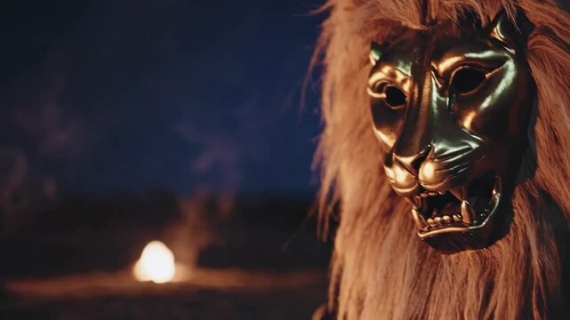 Person wearing lion head mask with fire light. Theatrical performance, cultural ritual & dramatic animal character portrayal in a dark festival, amazing!