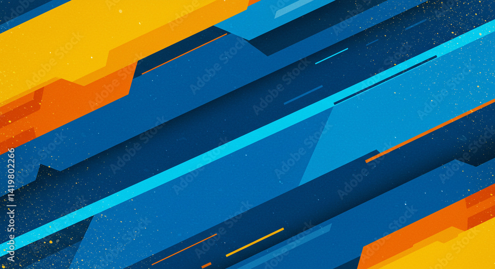 Poster abstract diagonal blue and orange shapes with small specks of light in the background design