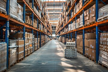 Warehouse Interior Perspective Rows of Brown Boxes and Blue Shelving in a Commercial Setting