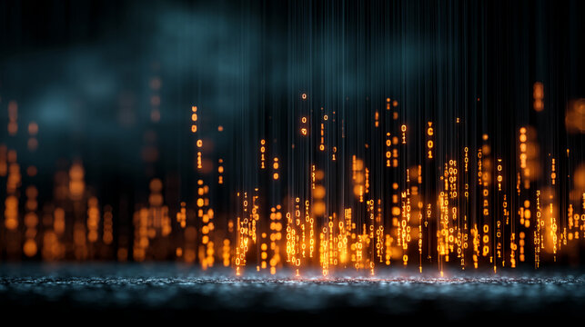 Abstract image of orange binary code falling on dark background, creating a digital rain effect, showcasing technology and data flow concepts