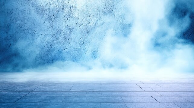 A serene, misty blue backdrop with textured walls, creating an ethereal atmosphere suitable for artistic or thematic presentations.