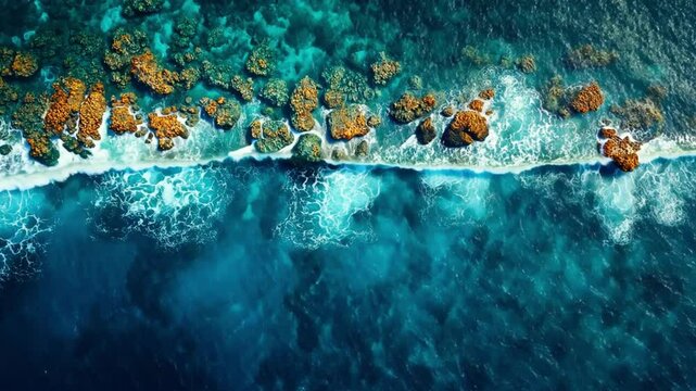 Aerial View of Ocean Waves Crashing on Rocky Coastline