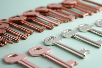 Close-up of rose gold and silver keys on a light-green background, showcasing a contrast of colors and materials, symbolizing choices and opportunities