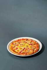 Tasty pizza on gray background, top view. Space for text
