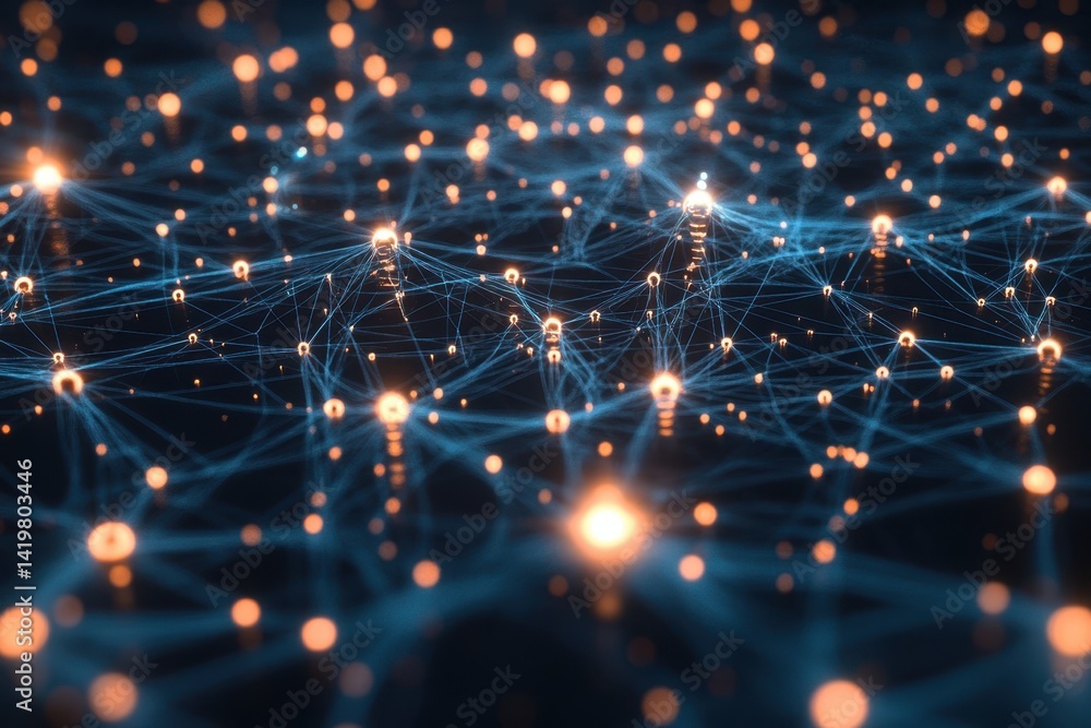 Poster abstract representation of a digital network illuminated by glowing connections