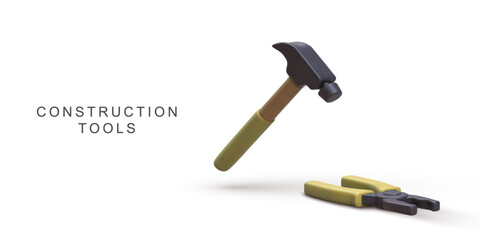 Construction Tools With 3D Cartoon Hammer And Pliers For Building, Repair, And DIY Projects, Perfect For Home Improvement, Maintenance, And Handyman Concepts, Vector Illustration.