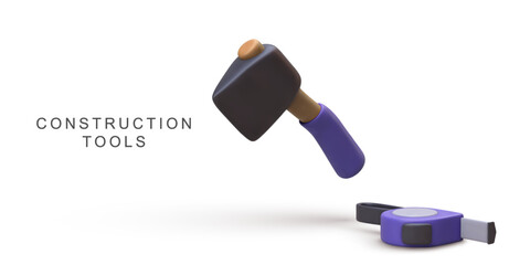 Construction Tools With 3D Rubber Mallet And Measuring Tape For Building, Repair, DIY, Carpentry, And Maintenance Projects, Clean Modern Style, Vector Illustration.