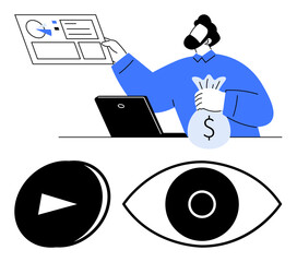 Man analyzing business metrics on screen beside laptop, holding money bag. Below are play button and eye icons, reflecting strategy and focus. Ideal for finance, analysis, streaming, media, data