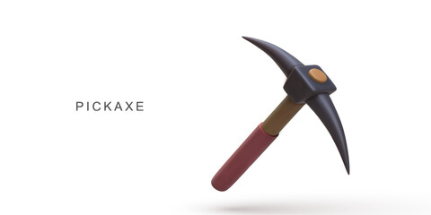 Pickaxe Tool For Mining, Construction, And Survival Projects In Minimal 3D Style With Red Handle And Black Head On White Background, Perfect For Outdoor And Adventure Concepts, Vector Illustration.