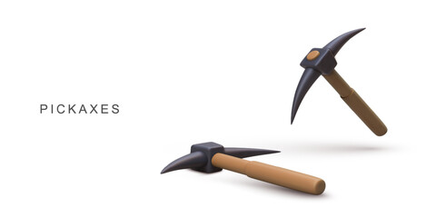 Pickaxe Tool 3D Icon, Mining And Construction Equipment For Digging, Excavation, Breaking Ground, Adventure Concept, Isolated On White, Minimal Style, Vector Illustration.