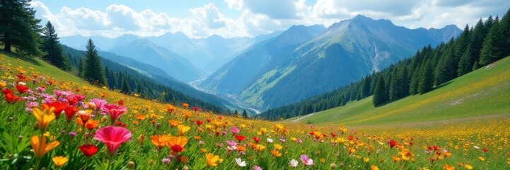 Vibrant wildflowers carpet valley, majestic mountains loom , vibrant, flower
