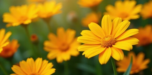 Fototapeta premium Vibrant yellow & orange daisy blooms, close-up view , orange, daisies