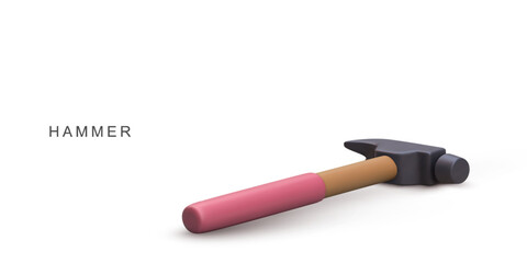 Hammer Tool With Wooden Handle And Metal Head For Construction, DIY Projects, Carpentry, Building, And Home Repair In Minimalist 3D Style On White Background, Vector Illustration.