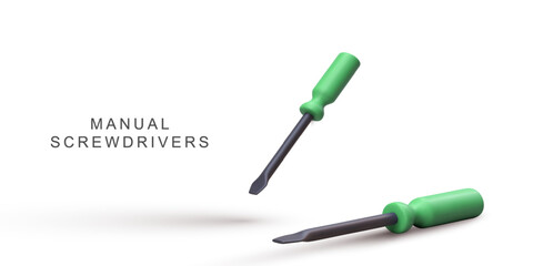 Screwdrivers With Green Ergonomic Handles And Metal Shafts For Repair, DIY, Construction, Maintenance, And Home Improvement On White Background, Vector Illustration.