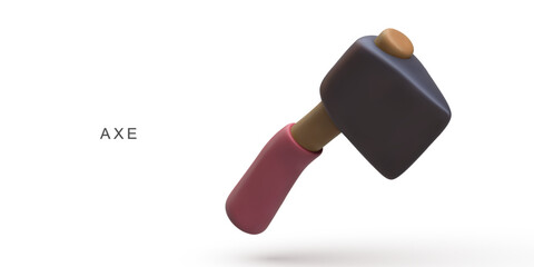 Axe With Red Handle And Heavy Metal Head For Woodworking, Construction, Camping, Forestry, And Outdoor Work On White Background, Vector Illustration.