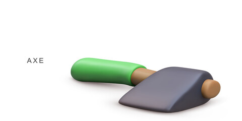 Axe With Green Handle And Sharp Metal Blade For Woodworking, Camping, Construction, Forestry, And Outdoor Work On White Background, Vector Illustration.