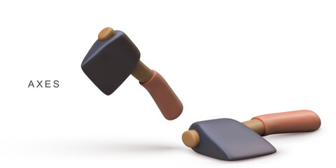 Axe Tool 3D Icon, Minimal Cartoon Style Illustration Of Heavy Duty Hand Tool For Woodcutting, Chopping, Construction, Outdoor Survival And Adventure Gear, Isolated On White Background, Vector