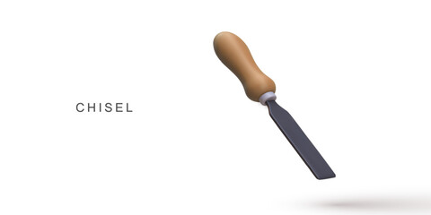 Chisel Tool 3D Icon, Minimal Cartoon Illustration Of Carpenter Hand Tool For Woodworking, DIY, Craftsmanship And Construction Projects, Isolated On White Background, Vector Illustration.