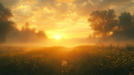 Naklejka premium Peaceful countryside enveloped in morning mist before sunrise, with trees silhouetted in the distance