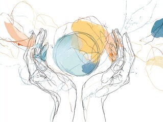 Hands support a delicate globe surrounded by soft, colorful abstract elements that convey a sense of harmony and care for the environment
