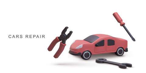 Car Repair Tools and Vehicle in Minimal 3D Style. Clean Isometric Illustration Featuring Wrench, Pliers, Screwdriver, and Red Car. Perfect for Auto Service Themes. Vector Illustration.