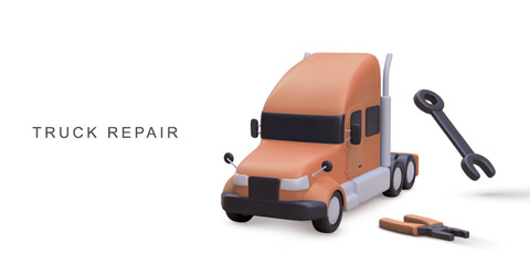 Truck Repair With Wrench And Pliers, Heavy Duty Vehicle Maintenance And Service Concept, 3D Transportation And Automotive Equipment Scene, Vector Illustration.