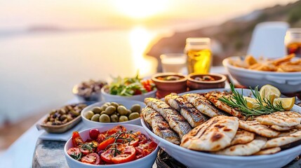 Mediterranean dinner feast with grilled fish santorini food spread sunset scenic view culinary delight