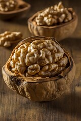Fototapeta premium Closeup of Walnut Halves on Wooden Surface, Healthy Food, Nut Macro Photography