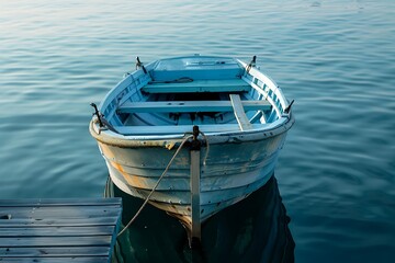 Obraz premium Weathered Blue Boat Tied To A Wooden Pier On Calm Water With Sunlight