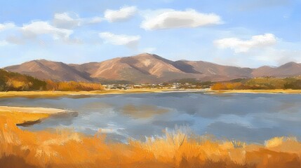 Autumnal lake scene with sunlit mountains and cloudy skies reflecting serenity