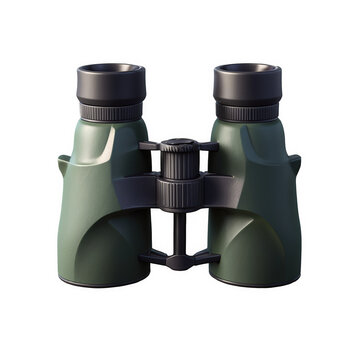 Green binoculars with black details. Image shows field glasses for observing far away. Transparent png, isolated.