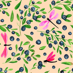Seamless pattern with blueberries and peach dragonflies on olive background. Perfect for wallpaper, gift paper, pattern fill, summer greeting cards