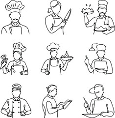 Chef Portrait One Line Drawing | Minimalist Vector Silhouette Continuous Line Chef Sketch | Outline Vector Silhouette Set