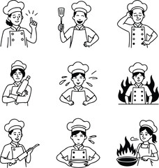 Chef Portrait One Line Drawing | Minimalist Vector Silhouette Continuous Line Chef Sketch | Outline Vector Silhouette Set