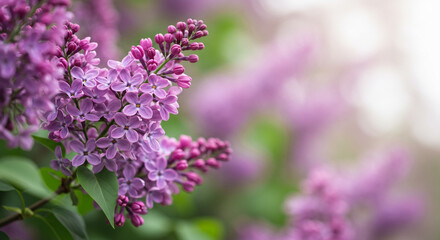 Close up of purple lilac blossoms with green leaves in soft focus background in natural light