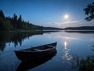 Obraz premium calm lake at night with a single black boat floating