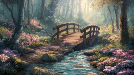 Wooden bridge spans stream, blooming flowers, sunlit forest.